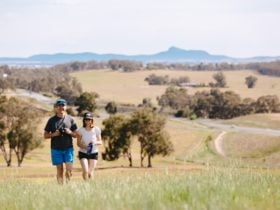 Friends walking in open landscape with scenic panoramic views of the region
