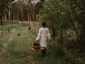 Woman walking with basket