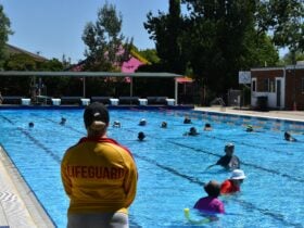 Lifeguard watching over pool-goers.