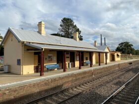 looking at the restored station buildings from the north looking back across the train lines