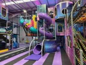 Purple and pink indoor play tunnels and slides