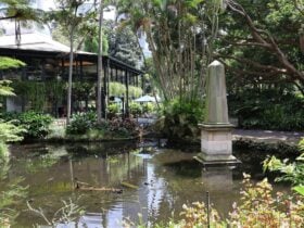 A pond with an obelisk statue erected and a restaurant in the background