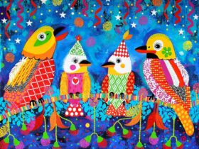Bright coloured artwork with kookaburras wearing party hats
