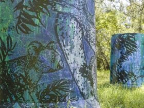 An image of two cement pipes coming out of the ground with aboriginal artwork on them in black