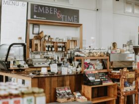 Landscape of the cafe with cakes, cookies and a selection of locally produced preserves.