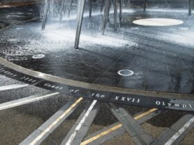 Engraved asphalt surface with plaques