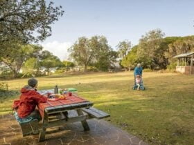 A family with a picnic at Haycock Point picnic area, Beowa National Park. Photo: John Spencer ©