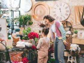 Mother and daughter looking at items