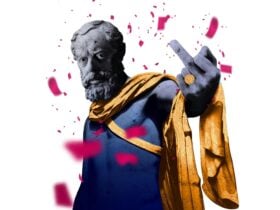 Greek statue gesturing to viewer
