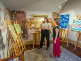 Visitor and NPWS officer look at artworks at Kew Y Ahn Aboriginal Gallery at Hartley