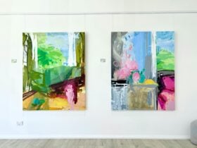 Two large artworks hanging by colourist artist Larissa Blake
