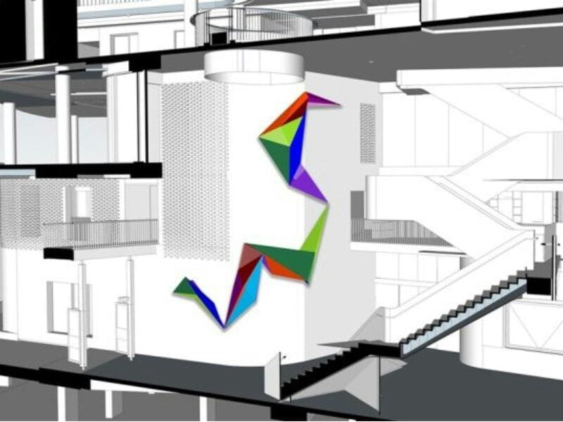 Concept drawing showing colourful geometric forms installed on a central wall within a multiâlevel a