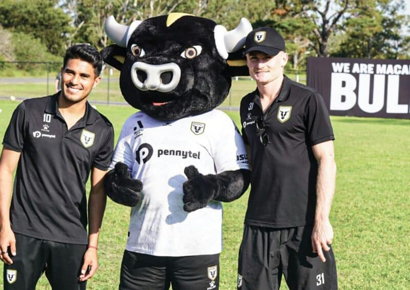 Macarthur FC Bulls mascot with two players