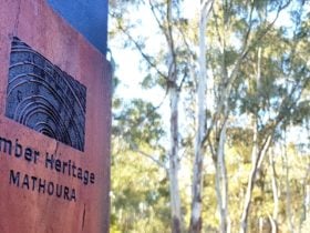Mathoura heritage Walk Signage, forest in the background