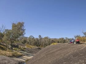 Visitors sitting on the granite rock formations at Morgans Gully picnic area. Photo: Joshua J Smith