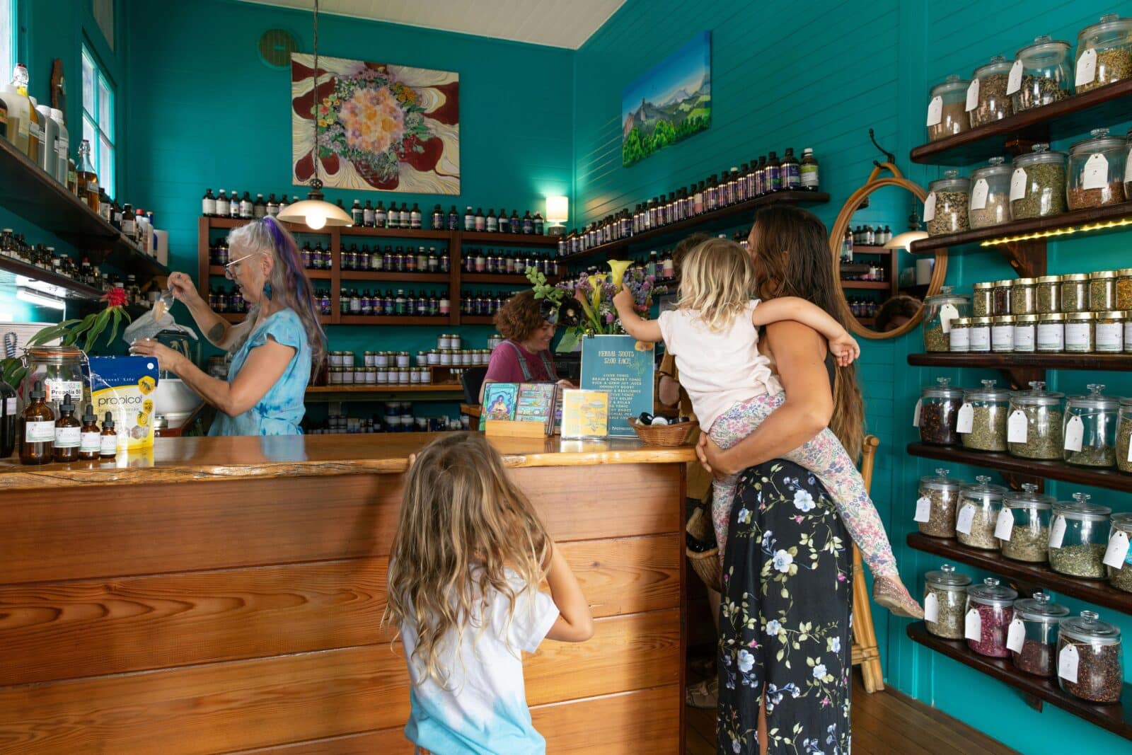 Shopping exploring the range at Nimbin Apothecary