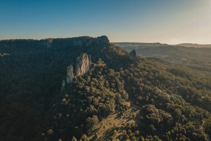 Stunning aerial view overlooking the sacred Nimbin Rocks