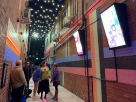 Laneway in Queanbeyan at night with photo-boxes and fairylights