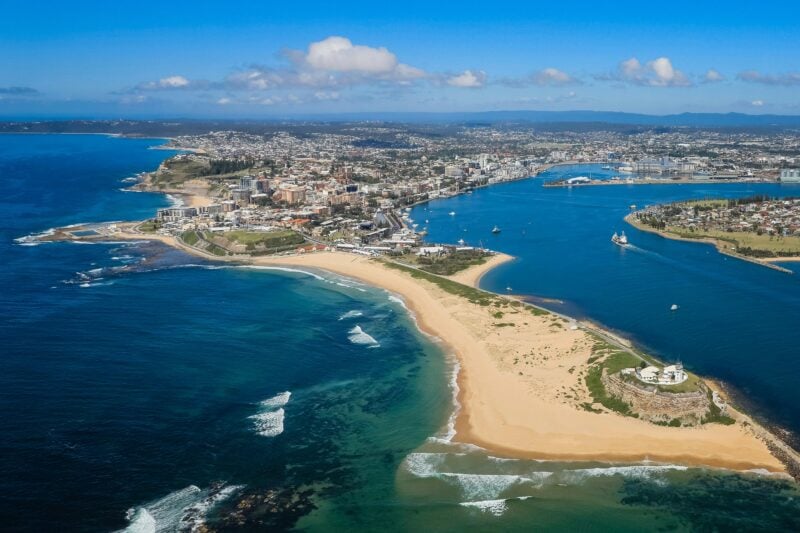 Nobbys Lighthouse aerial view of harbour entrance into Newcastle