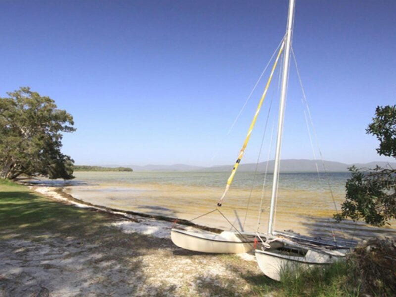Boats on shore of Wallis Lake at Sailing Club picnic area, Booti Booti National Park. Photo: OEH