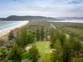 Aerial view of Santa Barbara picnic area, Seven Mile Beach and Wallis Lake. Photo credit: John