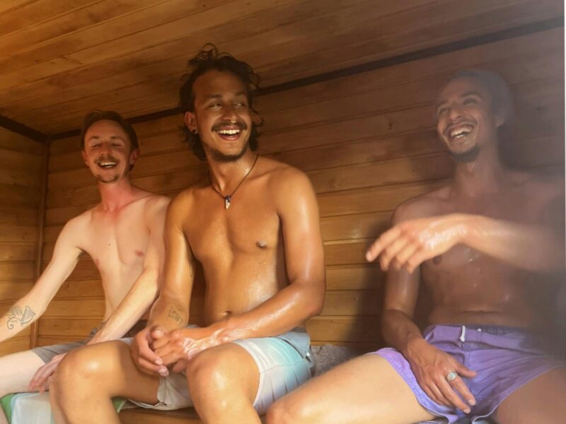 Local men enjoying the mobile sauna experience in Meglalong valley, Blue Mountains, NSW