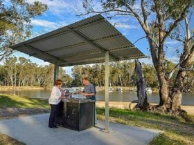 Two people at a barbecue shelter at Ski Beach picnic area, Murray Valley National Park. Photo: Gavin