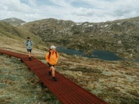 Two walkers on the Main Range walk section of the Snowies Alpine Walk.
