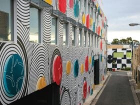 a Mural of bright coloured circles and black lines that circle them