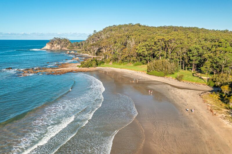 aerial view looking south over the beaches and headland at Surf Beach