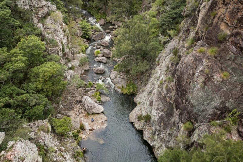 Aerial view of river flowing through a gorge on Green Gully Track.