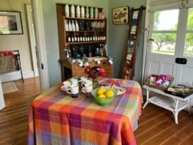 colourful chequered table cloth and dining table