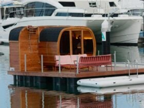 View of the floating sauna from the boardwalk
