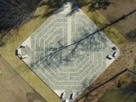 Aerial shot of Tumut Labyrinth, in Pioneer Park, Tumut, Snowy Valleys, NSW