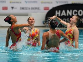 artistic swimmers performing in water