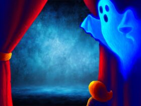 Red curtain held back by ghost.