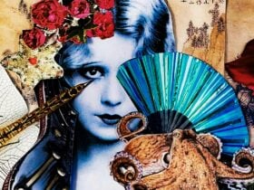 A painting of a woman, with a pen drawing her eye, flowers in her hair, she