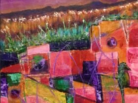 Abstract painting vibrant reds, oranges, purples, blues forming geometric shapes against a horizon