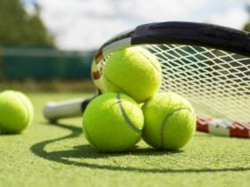 Tennis balls and raquet