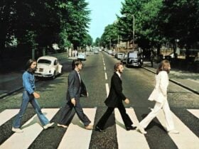 the Beatkes, four men walking across the road
