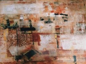 Acrylic on canvas painting, very abstract, evoking the feel of things hidden behind screens.