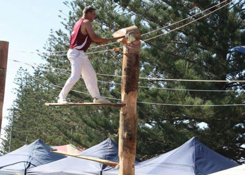 Man chopping wood standing up on pole
