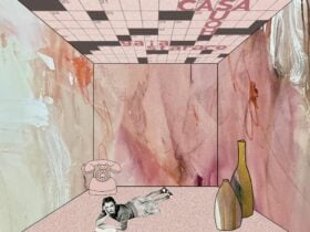 A black and white cut out of a woman is painted in a pink room with a rotary phone and two bottles.