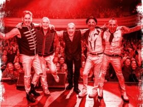 the band chocolate starfish all stand together at a show with the audience behind them