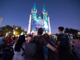 Crowds gather at St Maryâs Cathedral in Sydney to watch the light prjections.
