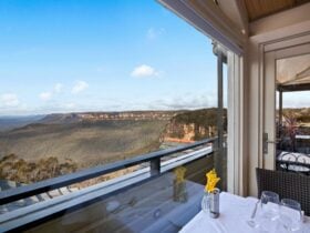 View of Mt Solitary in the Blue Mountains National Park with restaraunt table in the foreground