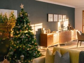 Christmas tree and table set up for lunch