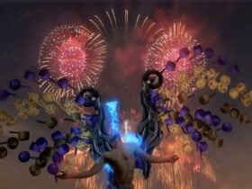 Club Ate video still showing a dancer with fireworks behind