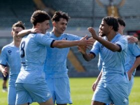 Soccer players celebrate on the field