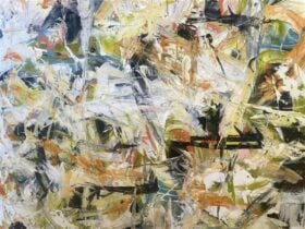 Abstract Painting with bold brushstrokes using a range of colours; green, orange, white, blue, black